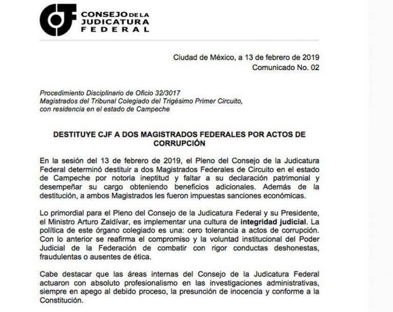 Destituye CJF a dos magistrados por â€œineptitudâ€ y corrupción