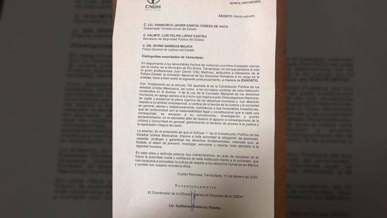 Exhorta CNDH a GOBTAM a esclarecer crimen de profesionista en Rí­o Bravo