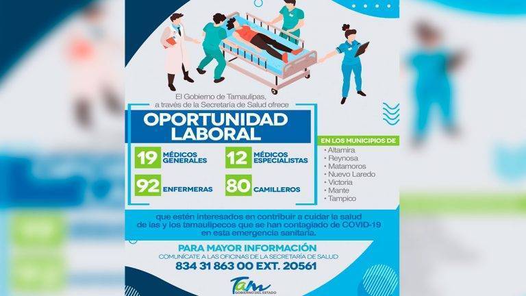 Gobierno de Tamaulipas lanza convocatoria para contratar personal de salud para atender en hospitales COVID
