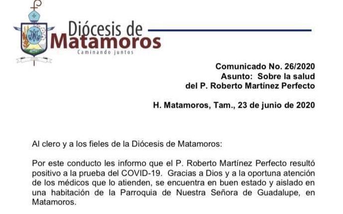 Reporta Diócesis de Matamoros cuarto caso de  covid-19 entre sacerdotes