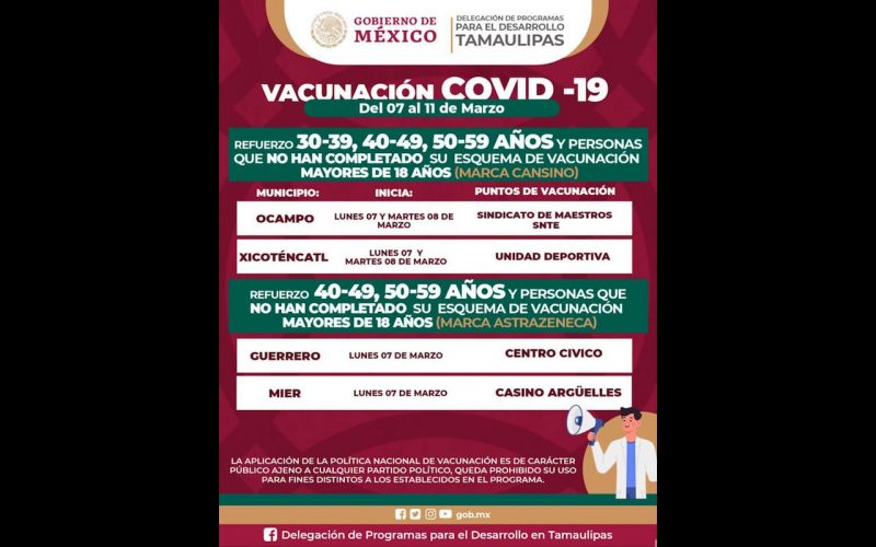 Aplicarán refuerzo de vacuna antiCovid en Ocampo y “Xico”
