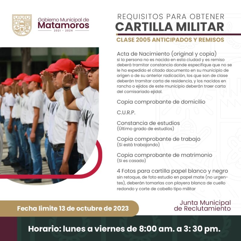 Exhorta Gobierno De Matamoros a Jóvenes de la Clase 2005 Anticipados y Remisos, A Tramitar Su Cartilla Militar