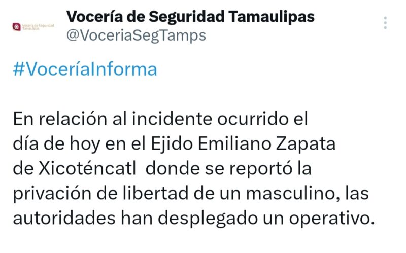 Vocería de Seguridad en Tamaulipas confirma privación de libertad de un masculino