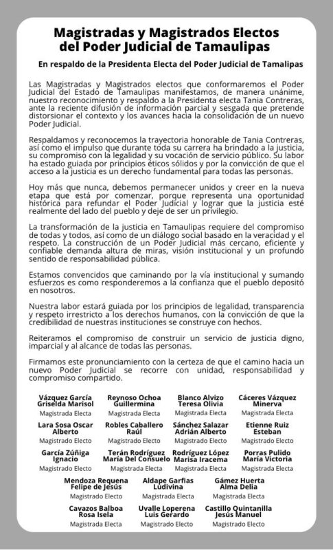 Magistrados electos cierran filas con Tania Contreras